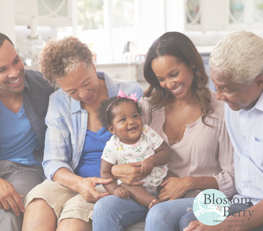 Picture of parents and grandparents holding baby on their lap