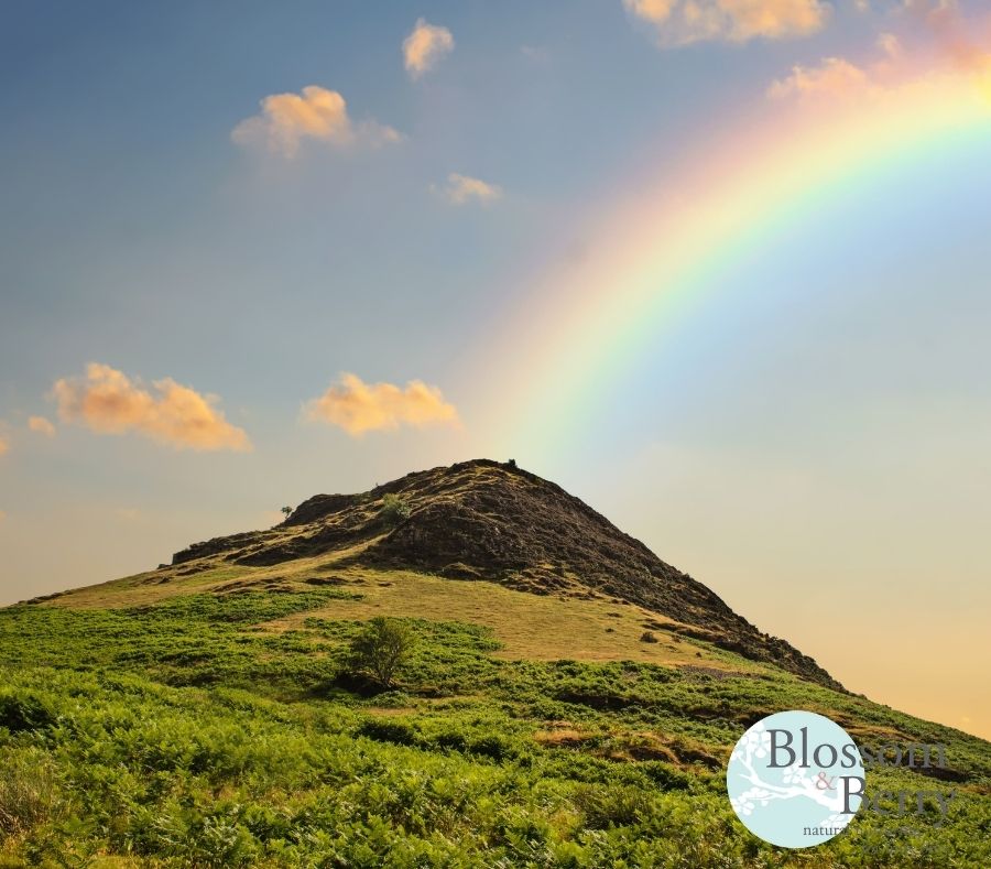 Picture of a mountain with a rainbow over it