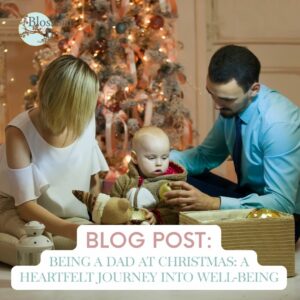 Being a Dad at Christmas: A Heartfelt Journey into Well-Being - Picture of a woman, a man and a baby in front of a christmas tree with presents