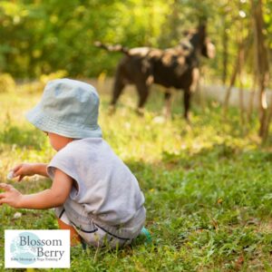 Benefits of Nature for Babies - picture of a toddler bent down on the grass in a field with a dog nearby