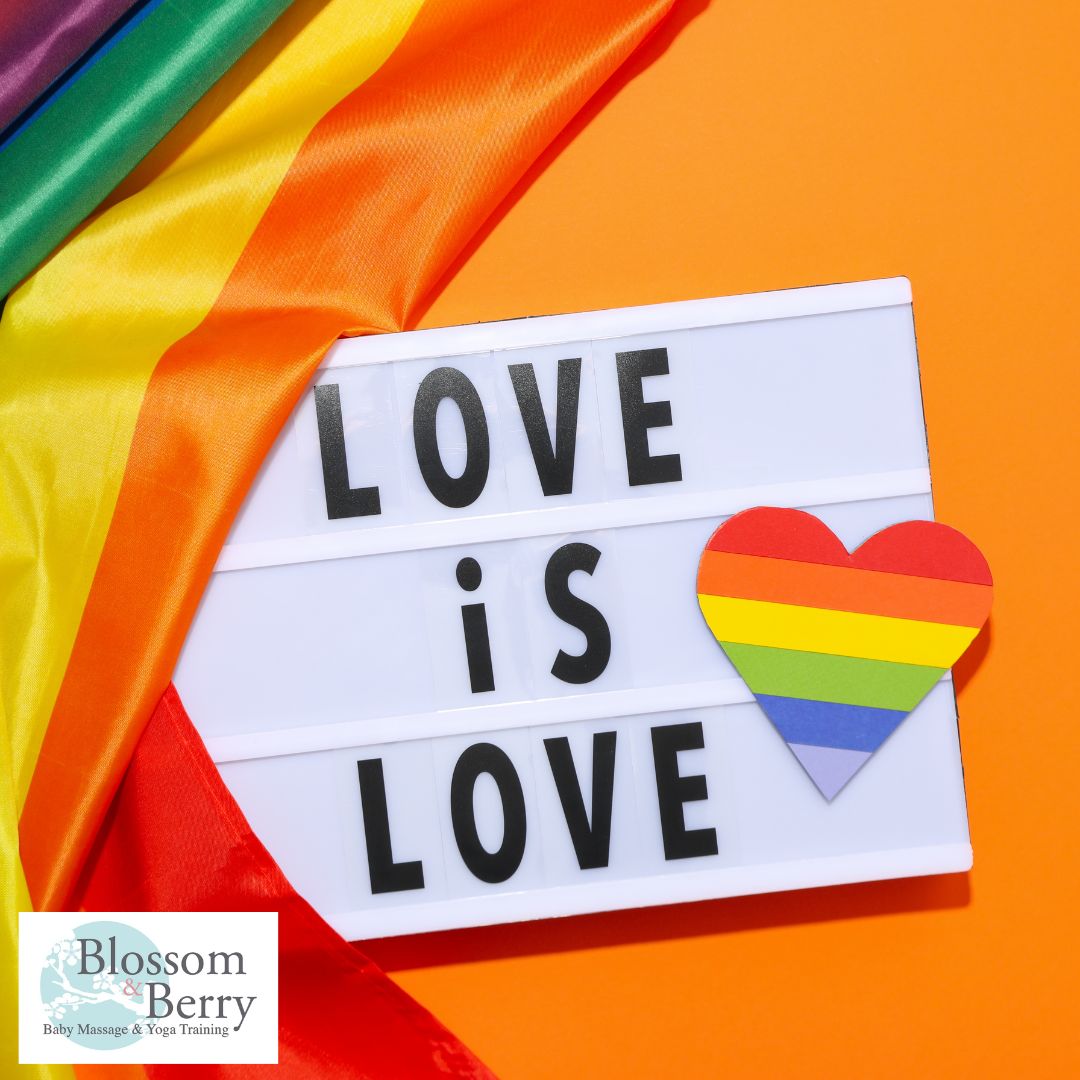 How to Support LGBTQIA+ Parents in Your Baby Massage Groups - picture of the words LOVE is LOVE with the LGBTQIA+ flags