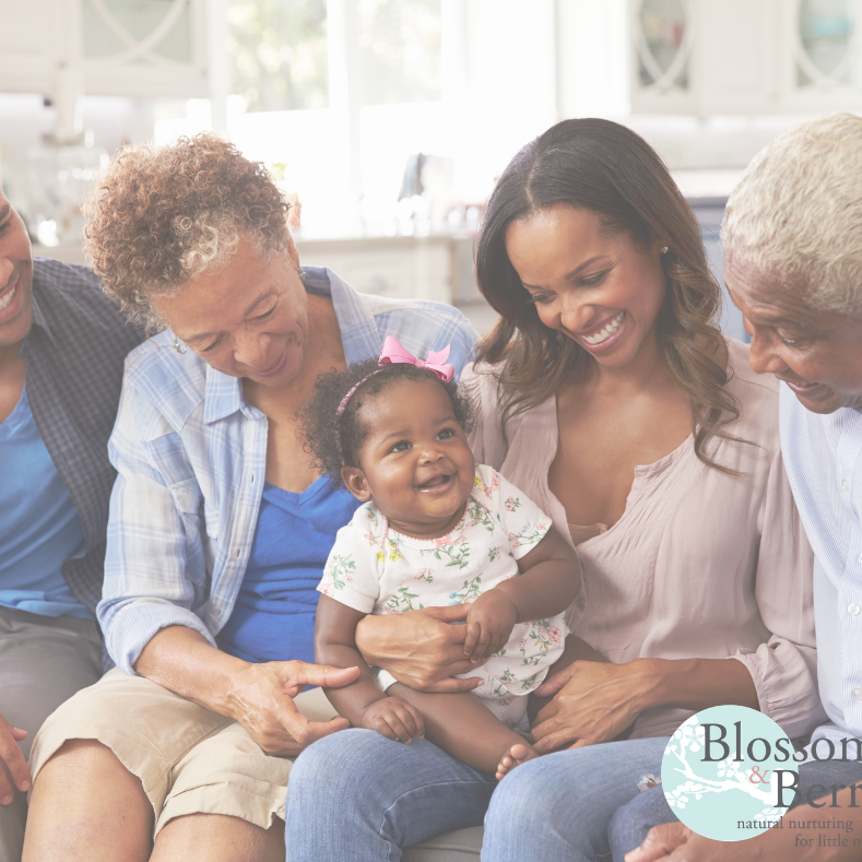 Picture of parents and grandparents holding baby on their lap